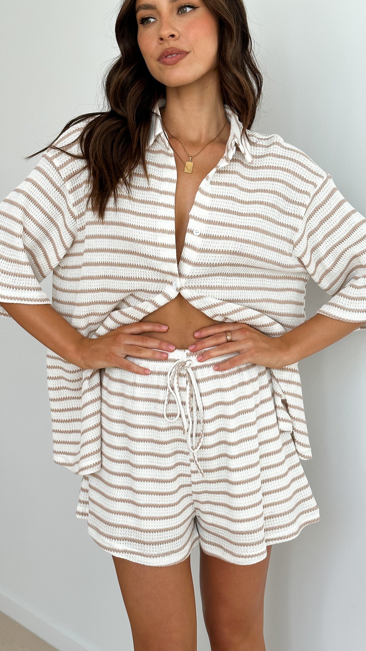 Beige Striped Knit Shirt & Shorts Set