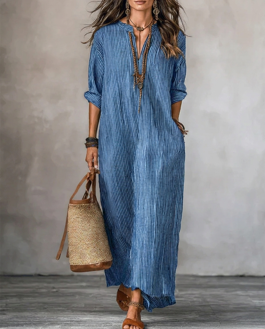 HAVEN | Long Sleeve Maxi Dress V-Neck Striped Style with Side Pockets
