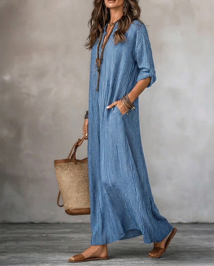 HAVEN | Long Sleeve Maxi Dress V-Neck Striped Style with Side Pockets