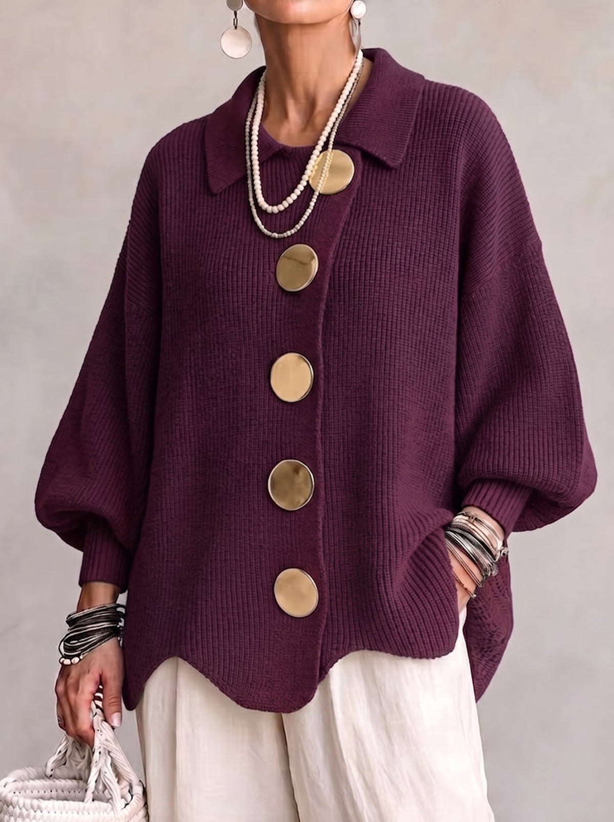 Elvinia™ | Oversized Collared Cardigan With Large Metal Buttons