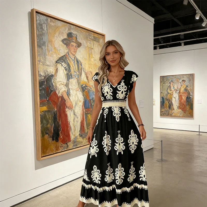 Celeste | Baroque Print Maxi Dress with V-Neck and Smocked Waist