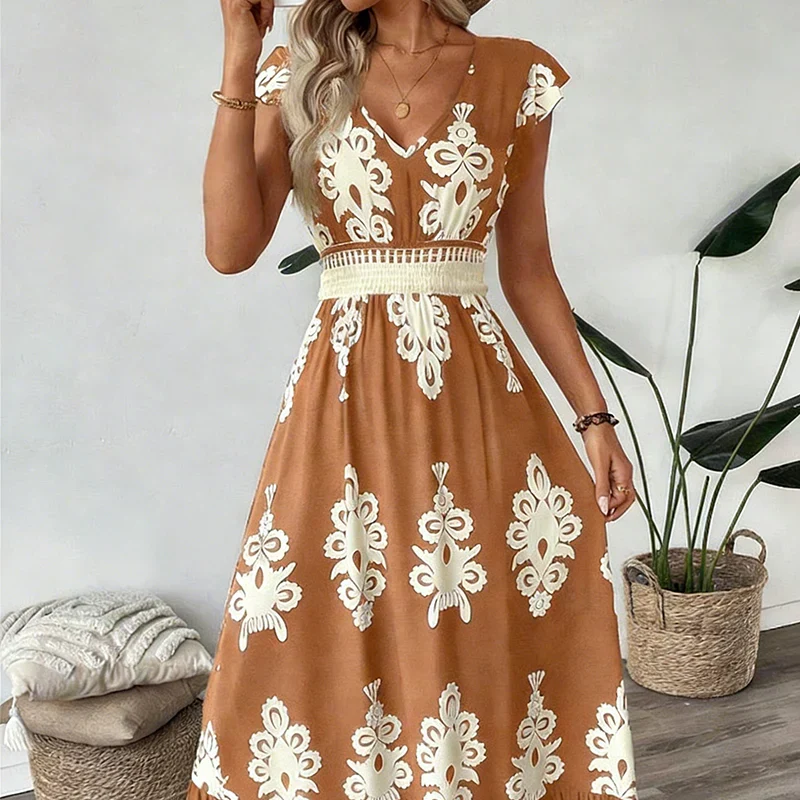 Celeste | Baroque Print Maxi Dress with V-Neck and Smocked Waist