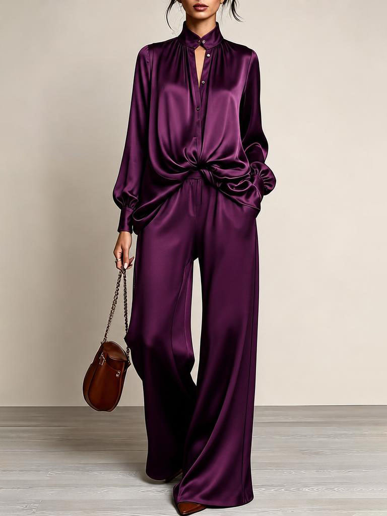Gertrude | Gathered-Waist Button-Up Wide-Leg Two-Piece Set for Women