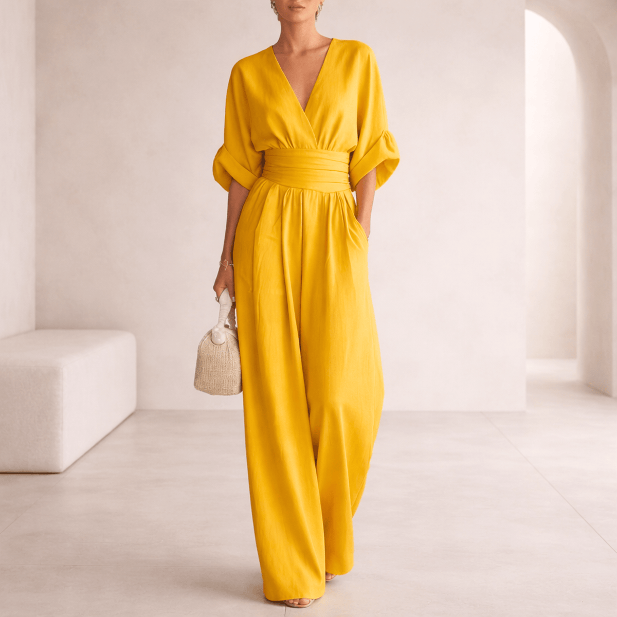 Elira | V-Neck Draped Wide-Leg Jumpsuit for Women