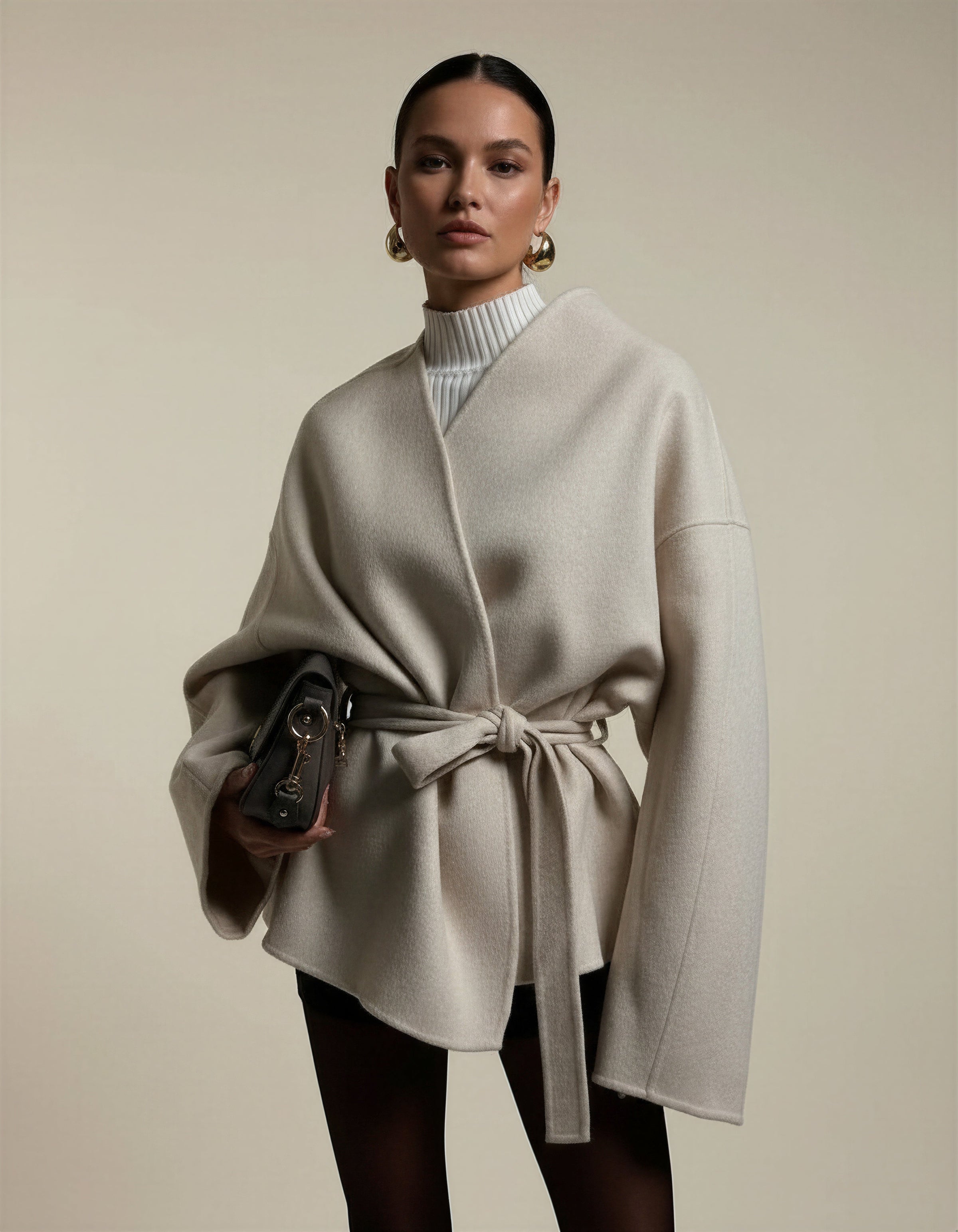 Women's Elegant Tie Waist Beige Tailored Coat
