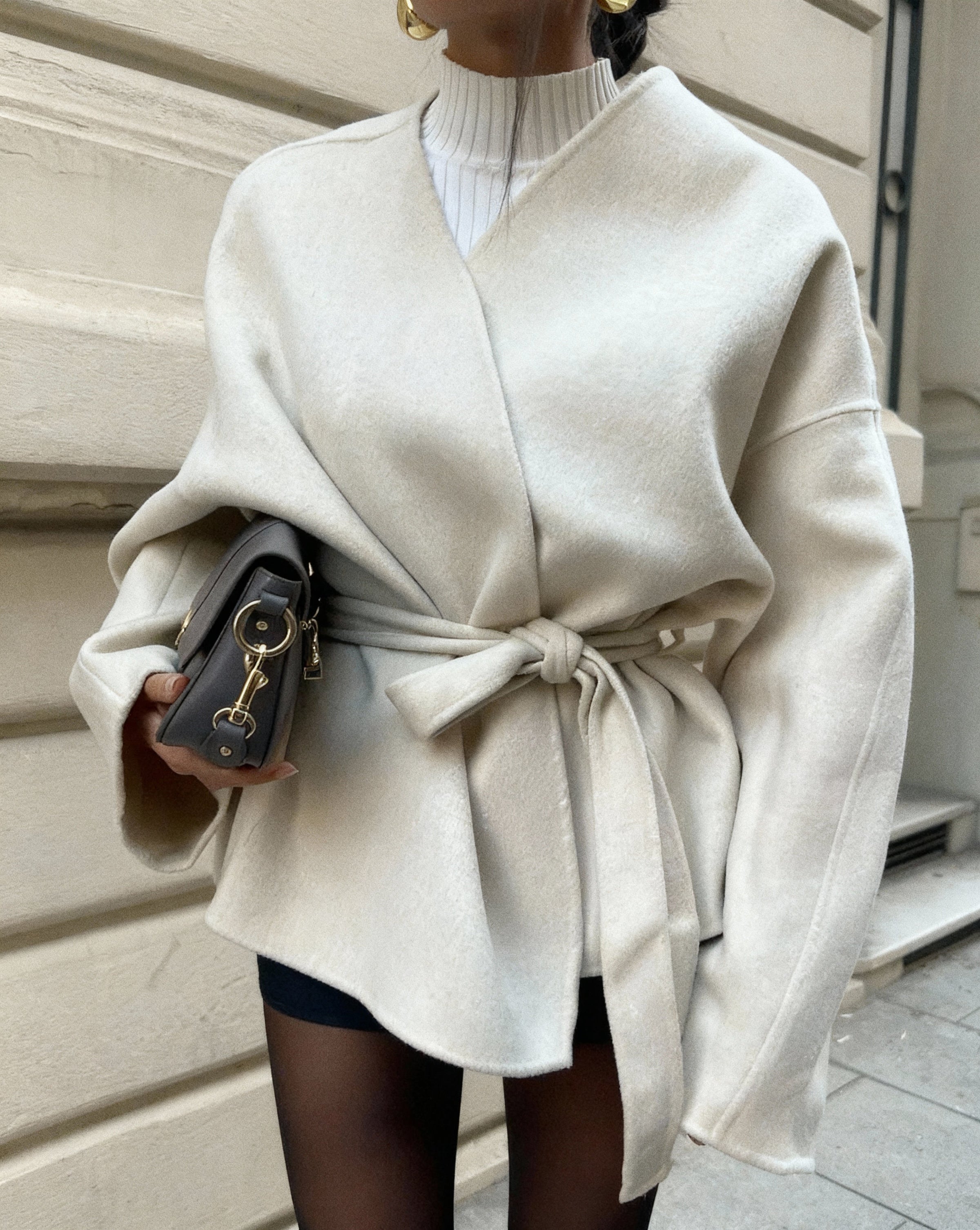 Women's Elegant Tie Waist Beige Tailored Coat